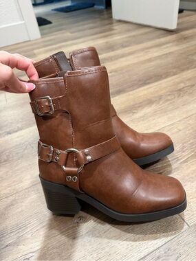 Brown Leather Buckle Harness Ankle Boots